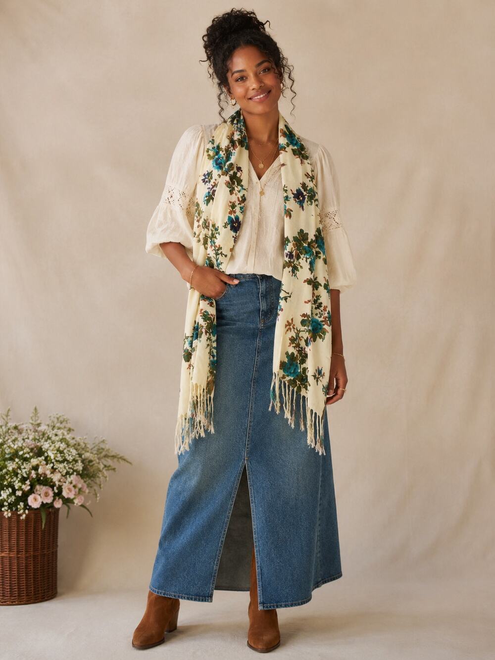 Cream Floral Lightweight Fringe Scarf Blue Teal Roses Boho Cottagecore